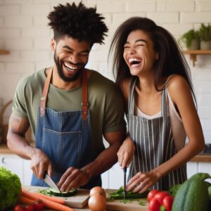 Relationship Balance - couple laughing while chopping vegetables