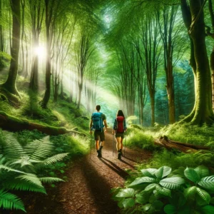 A couple hiking through a lush forest, symbolizing shared adventure and health - Mind-Body Connection