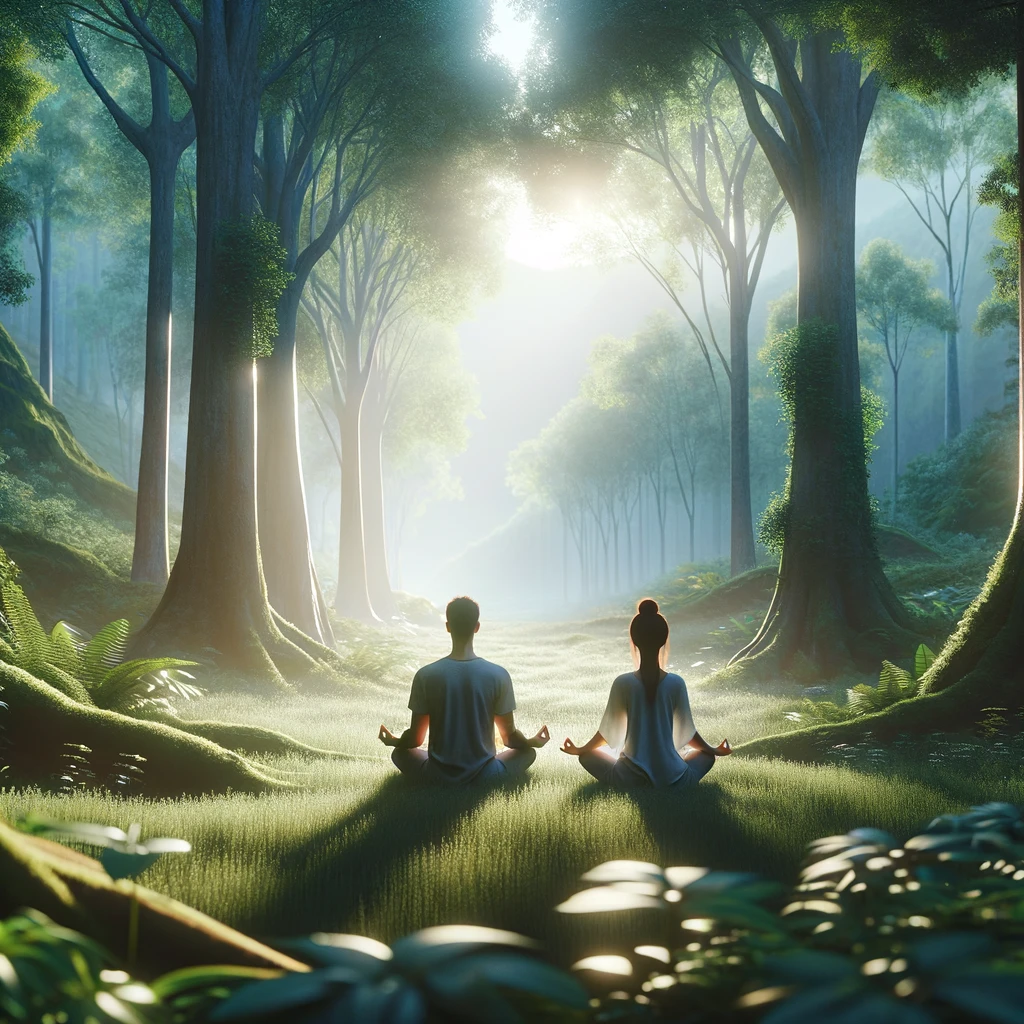 A serene landscape featuring a couple meditating together in a peaceful natural setting 1 - Mind-Body Connection