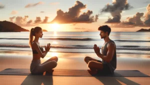 A couple practicing yoga on a beach - relationship harmony