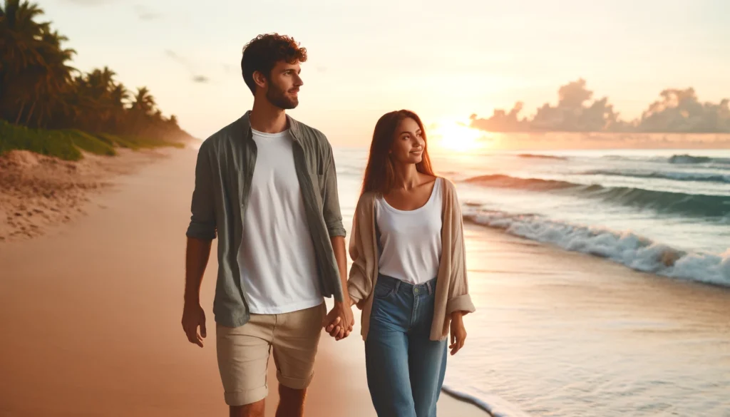 A couple walking on the beach at sunset - relationship harmony