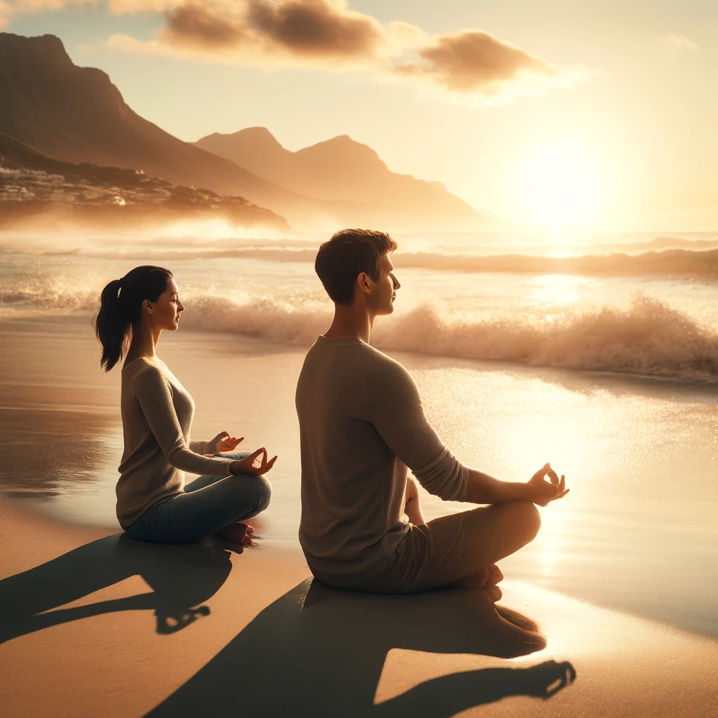 a couple practicing mindfulness meditation on a beach - relationship resilience