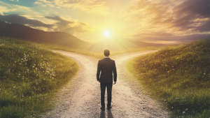 Life coaching - man standing at a crossroads