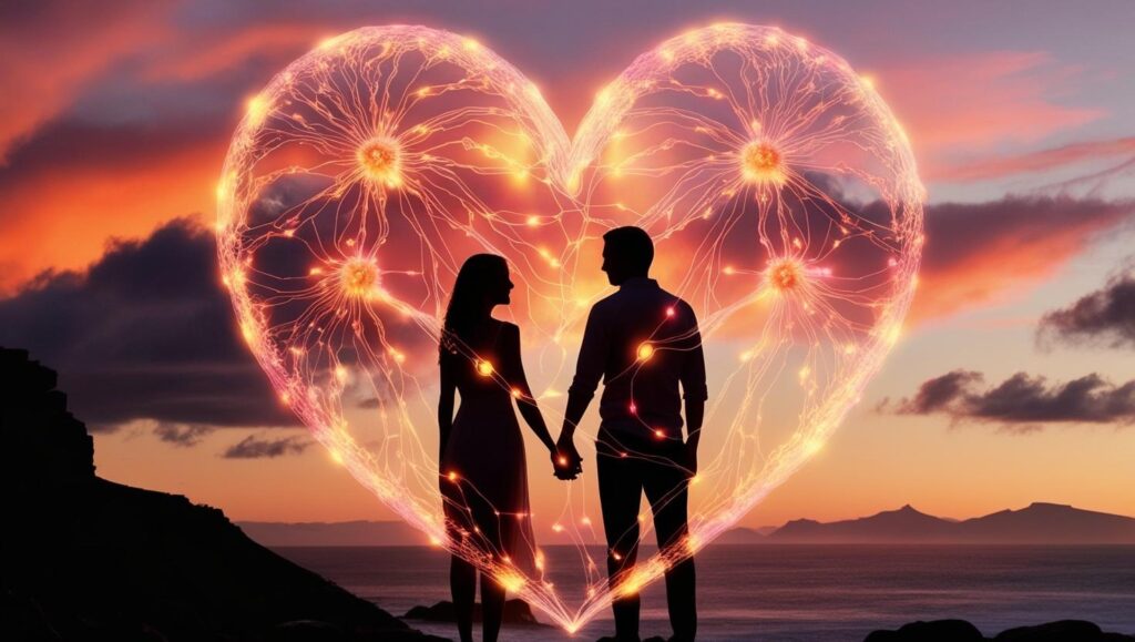 mind body - glowing neural network shaped like a heart, superimposed over a couple holding hands