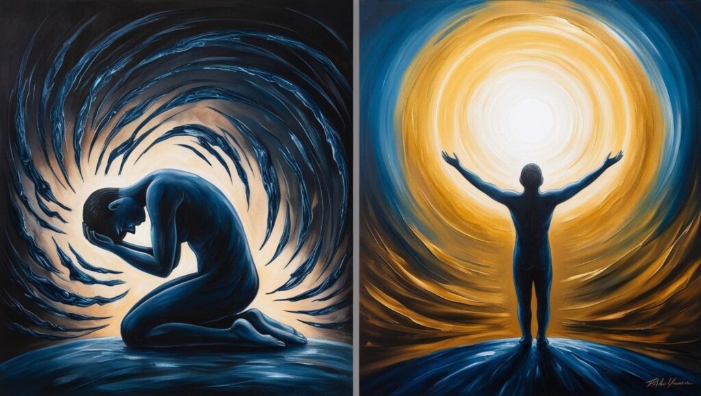 mind body - person curled in fetal position with dark energy lines and same person reaching toward light with open hands