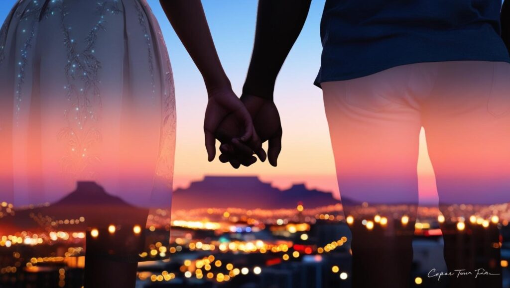 elationships - peaceful couple in silhouette, with Cape Town's city lights in background