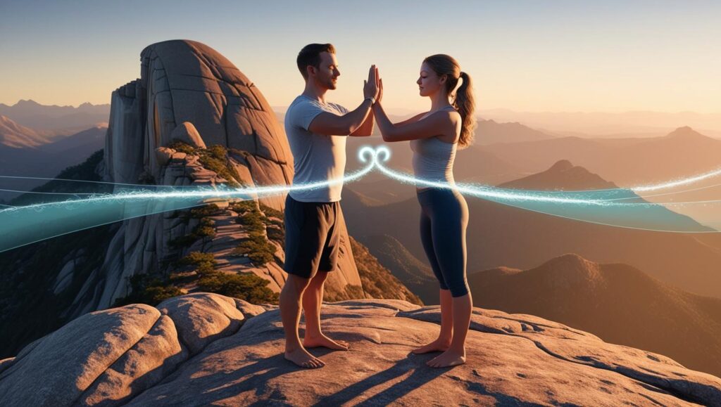 mind body - couple practicing synchronized breathing on mountain