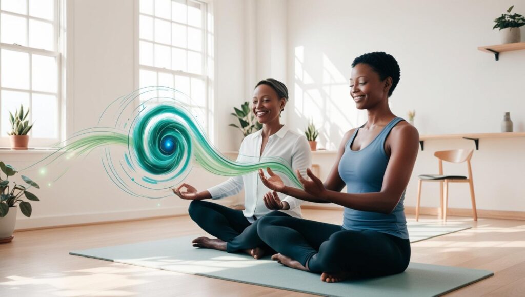 mind body - life coach guiding a client through a somatic exercises