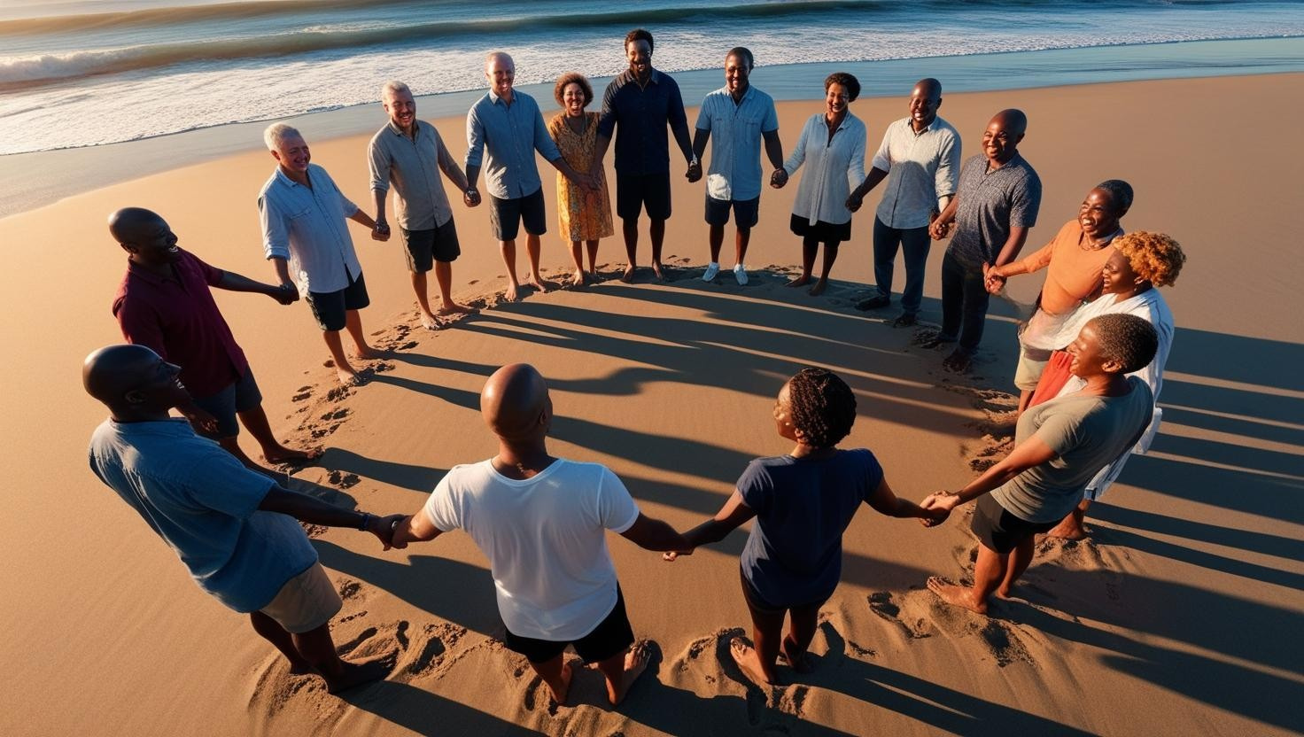 life bonding - people holding hands in a circle on a beach at sunrise