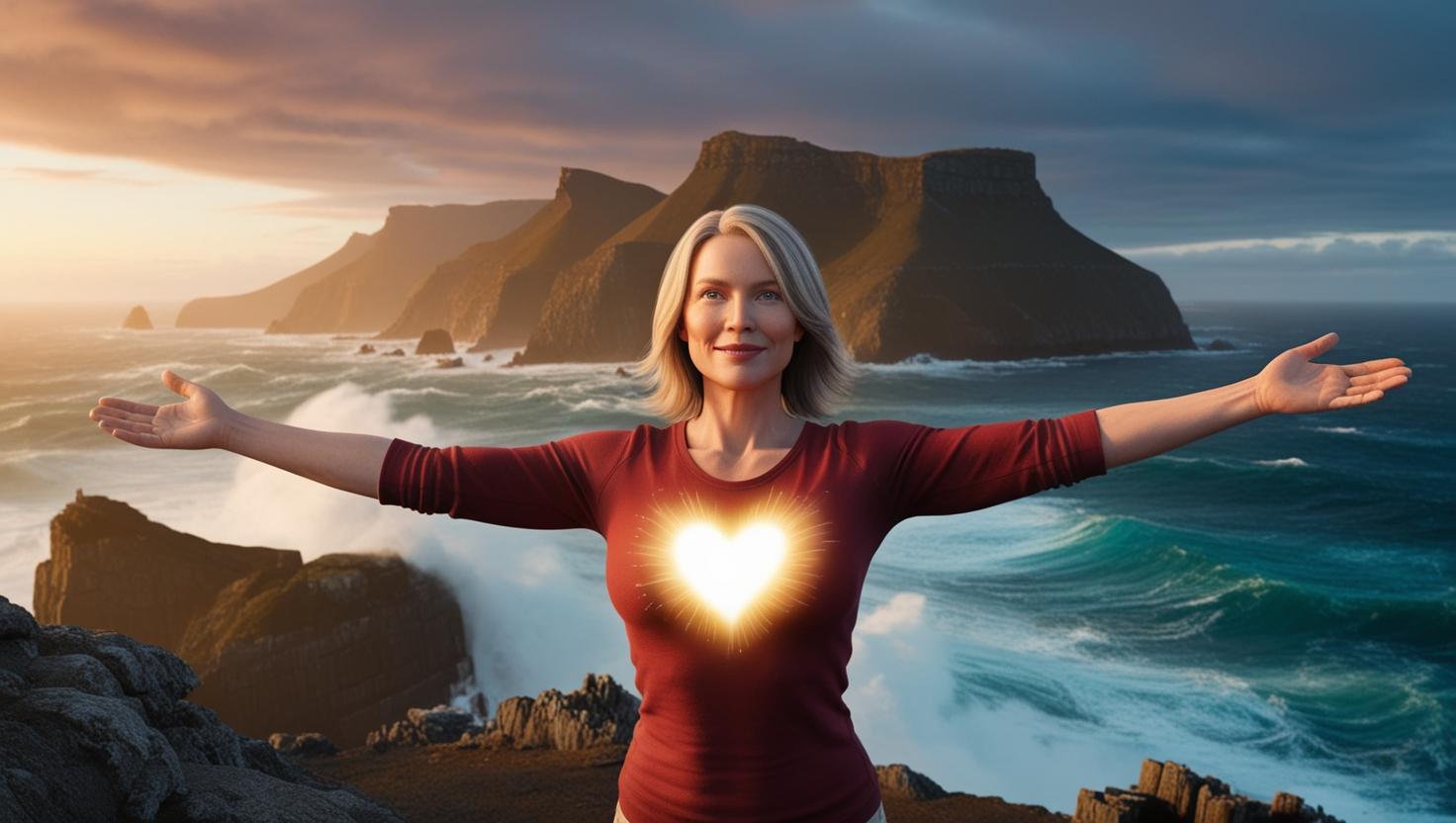 mind body - woman standing confidently at a cliffside, arms open to the ocean