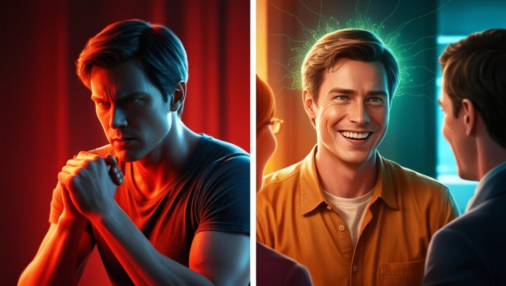 relationships - person alone in defensive posture (red tones)and same person smiling in connected conversation (green tones)