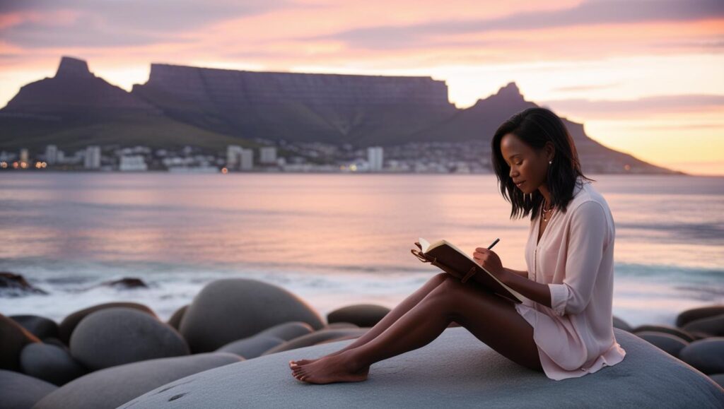 life coach - woman sitting on a rock journaling