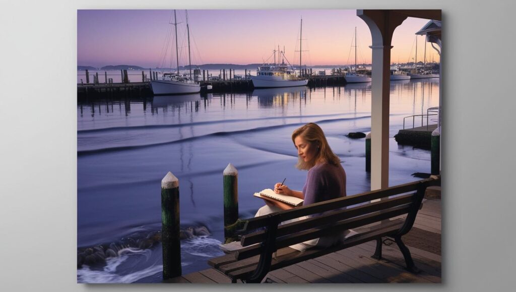 life coaching - woman sketching on a bench at Kalk Bay Harbour