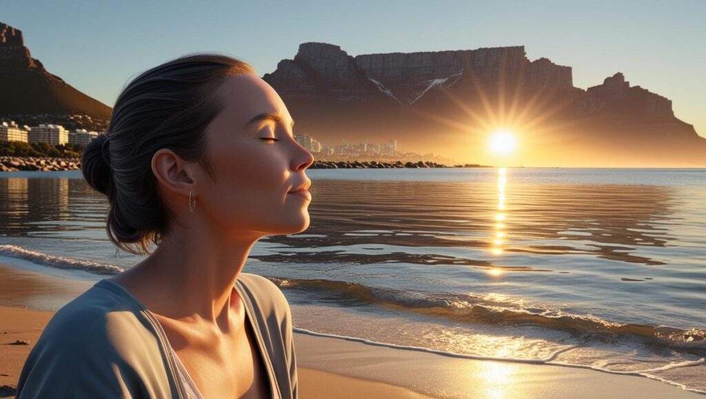 life coaching - person breathing deeply on Blouberg Beach